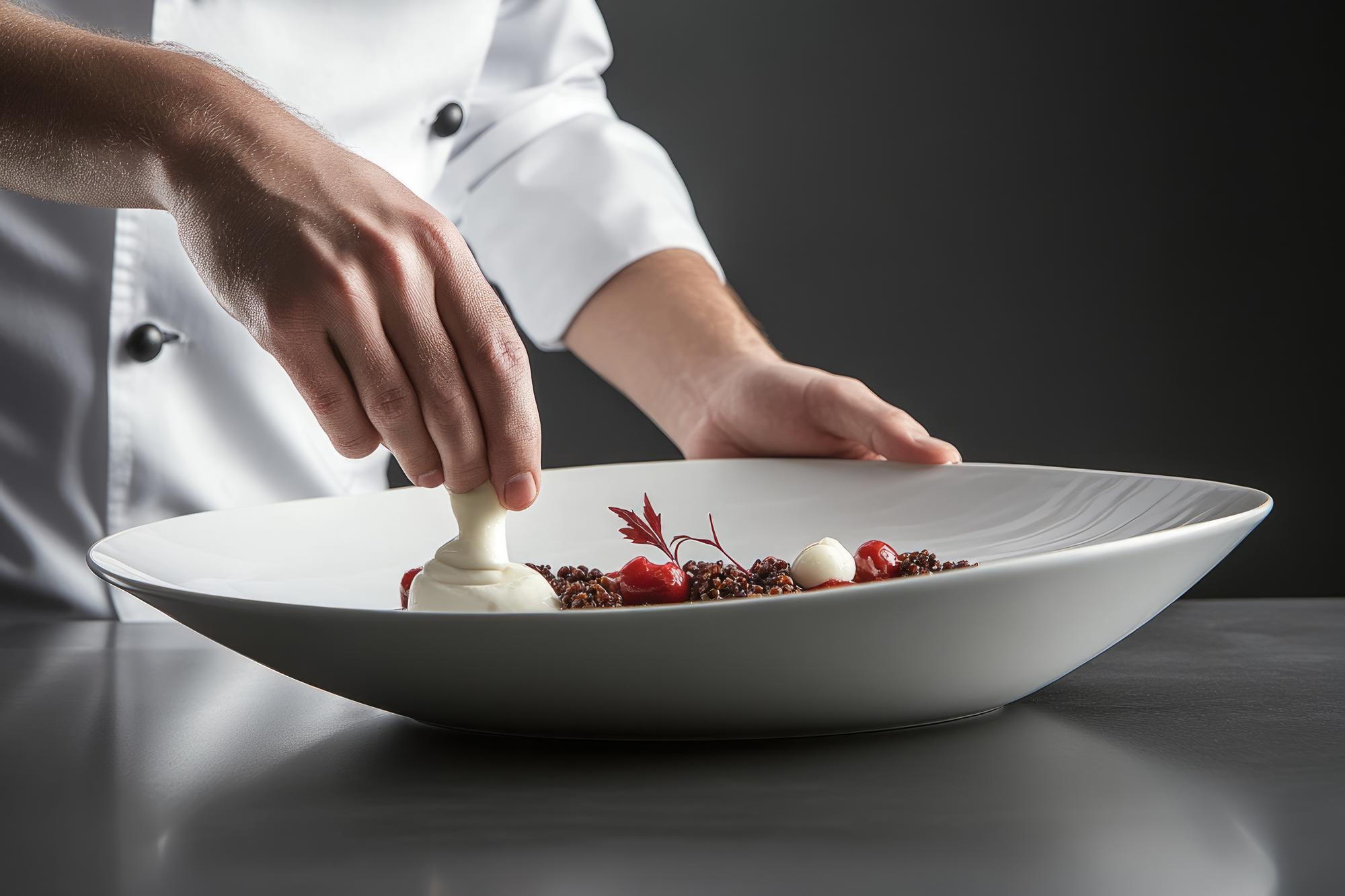 Chef arranging a plated dish in a modern kitchen